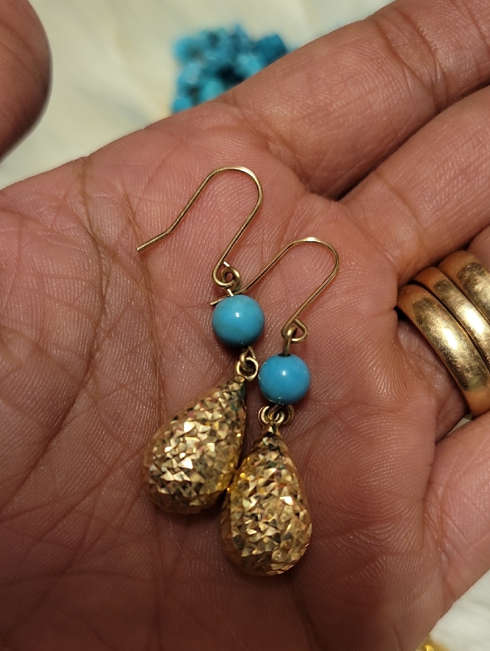 14k Vintage Gold Teardrop & Turquoise Bead Dangle Earrings - Women Jewelry